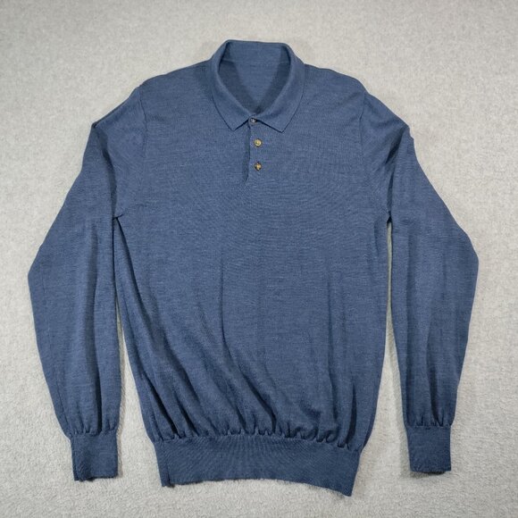 John Henric Merino Wool Sweater Mens *Medium Blue Collard Long Sleeve Polo - Picture 1 of 7